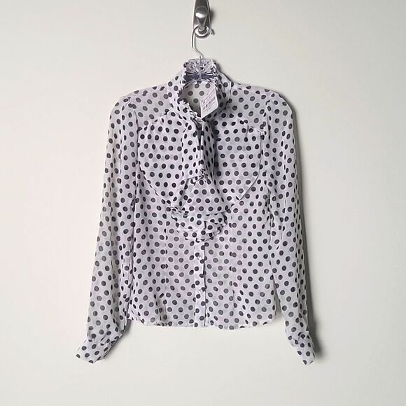 NWT XS S Ruffle Dot Black Victorian Long Sleeve Blouse Bow High Neck Tie Blouse - Picture 1 of 12